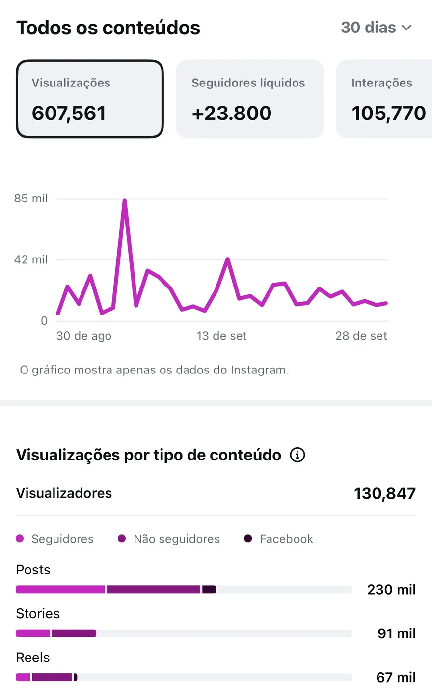 Visualizações, seguidores líquidos e interações nos últimos 30 dias