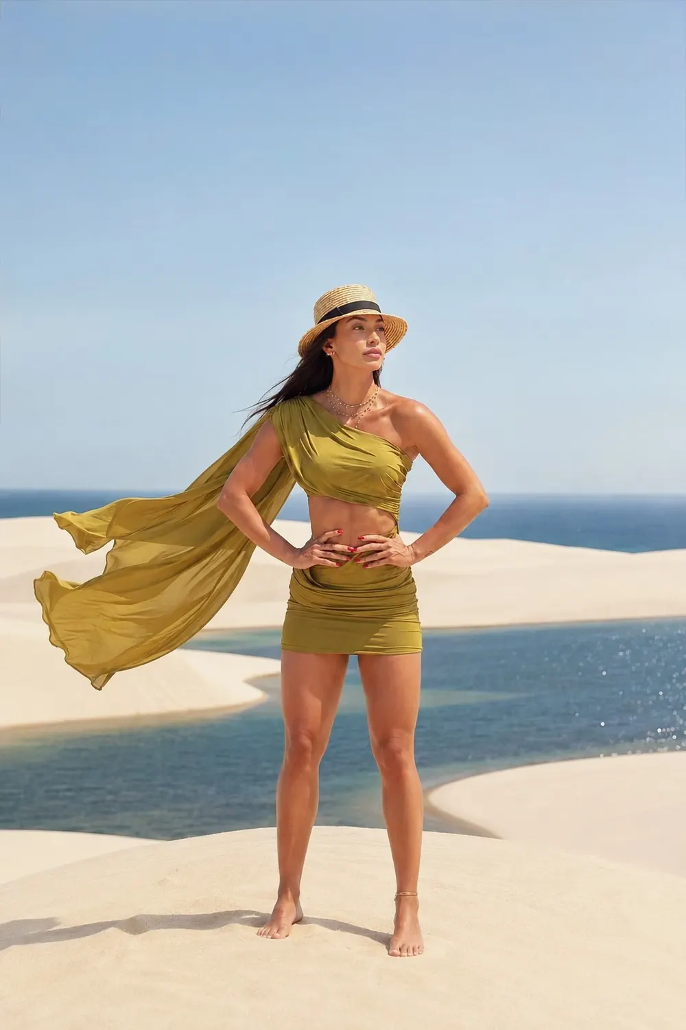 Marcela Freire em dunas de areia branca com conjunto verde-oliva